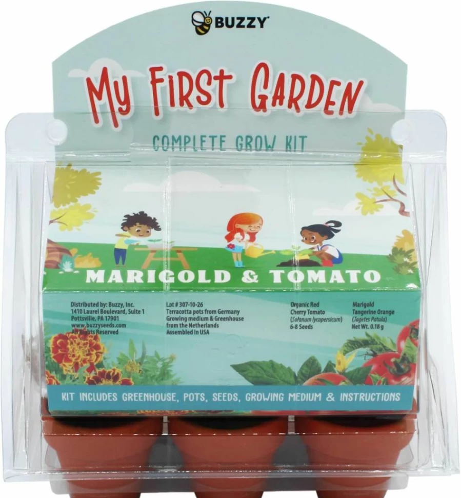 BUZZY Mini Greenhouse Kit - 6 Pot Seed Starter with Organic Cherry Tomato & Marigold Seeds for Kids & Adults | Indoor Gardening Guaranteed | Kids Gardening Gift
