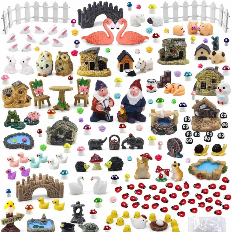 Tardigrade 200-Piece Mini Fairy Garden Kit with Tiny Houses, Gnome Figurines & Resin Landscape Decor for DIY Outdoor Micro Gardens