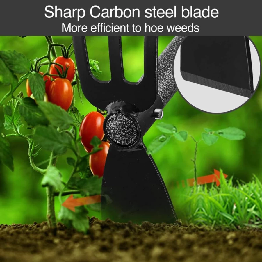 Oliynedy Heavy Duty Stainless Steel Garden Hoe and Cultivator Set - Adjustable 45 Inch Handle for Weeding, Planting, and Tilling - 3 Prong Hand Tiller Included