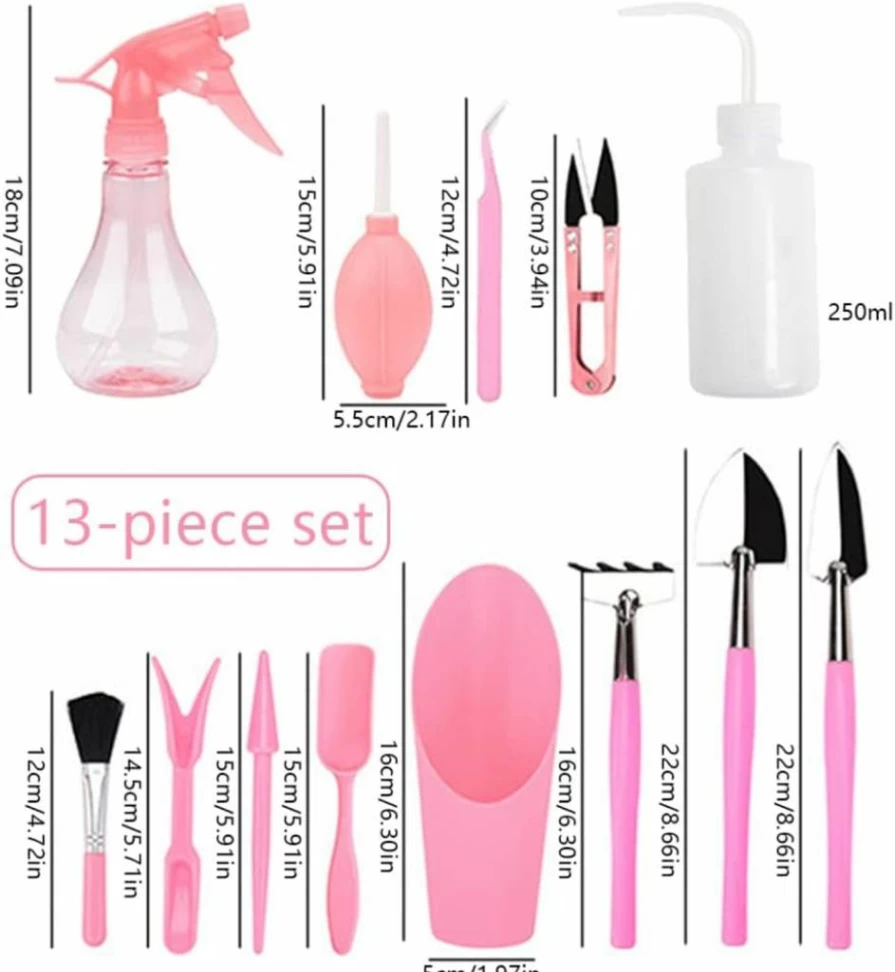 Wedhapy 13-Piece Pink Succulent Tools Kit - Mini Garden Tool Set for Bonsai, Planting & Miniature Gardens