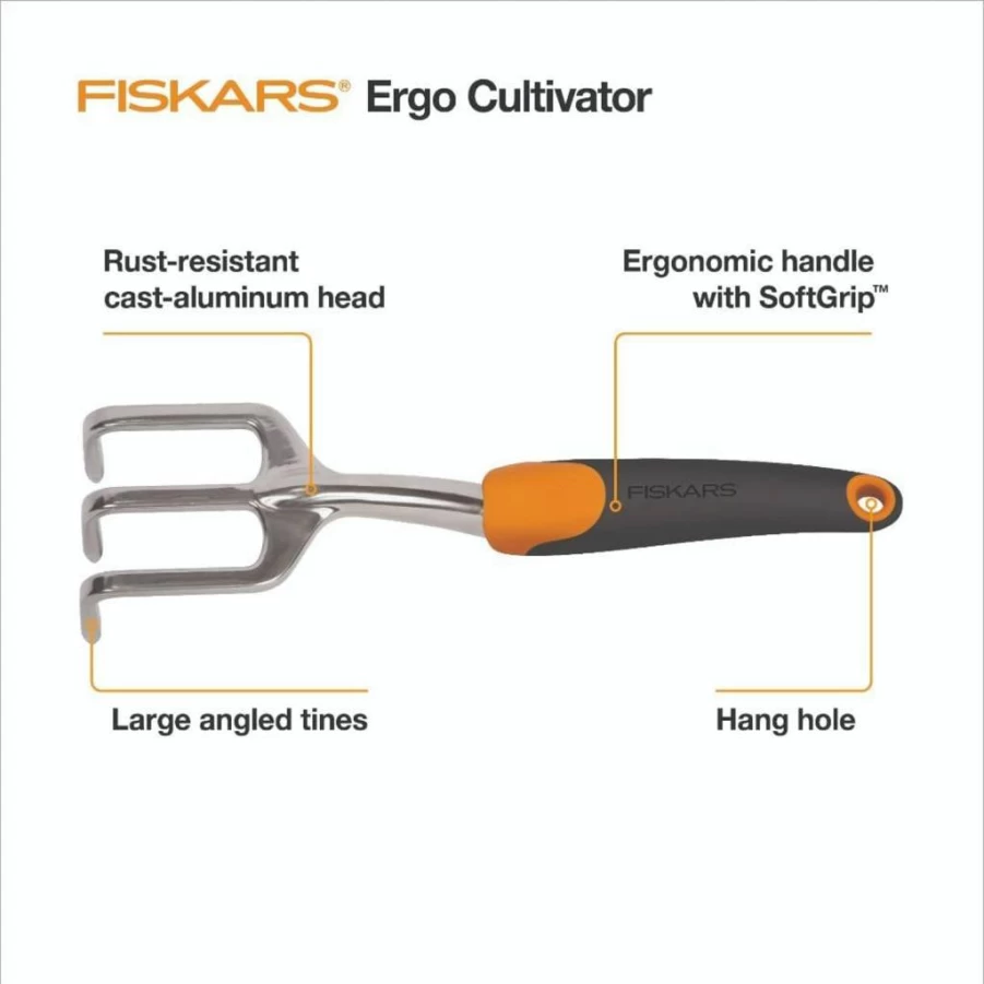 Fiskars Ergo Cultivator - Heavy Duty Garden Tool for Digging, Aerating Soil, and Weeding with Comfort Grip and Hanging Hole