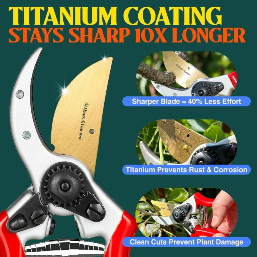 Haus & Garten 8.5" Titanium Bypass Pruning Shears - Professional Garden Clippers, Heavy Duty Pruner Scissors for Gardening & Landscaping