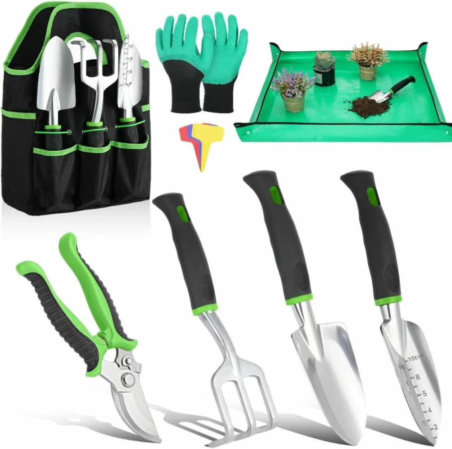 Housolution 8Pcs Heavy Duty Gardening Tools Set with Non-Slip Rubber Grip, Aluminum Alloy Hand Tools & Large Garden Bag, Ideal Gardening Gifts for Women and Men (Green)