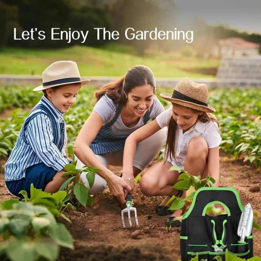 Housolution 8Pcs Heavy Duty Gardening Tools Set with Non-Slip Rubber Grip, Aluminum Alloy Hand Tools & Large Garden Bag, Ideal Gardening Gifts for Women and Men (Green)