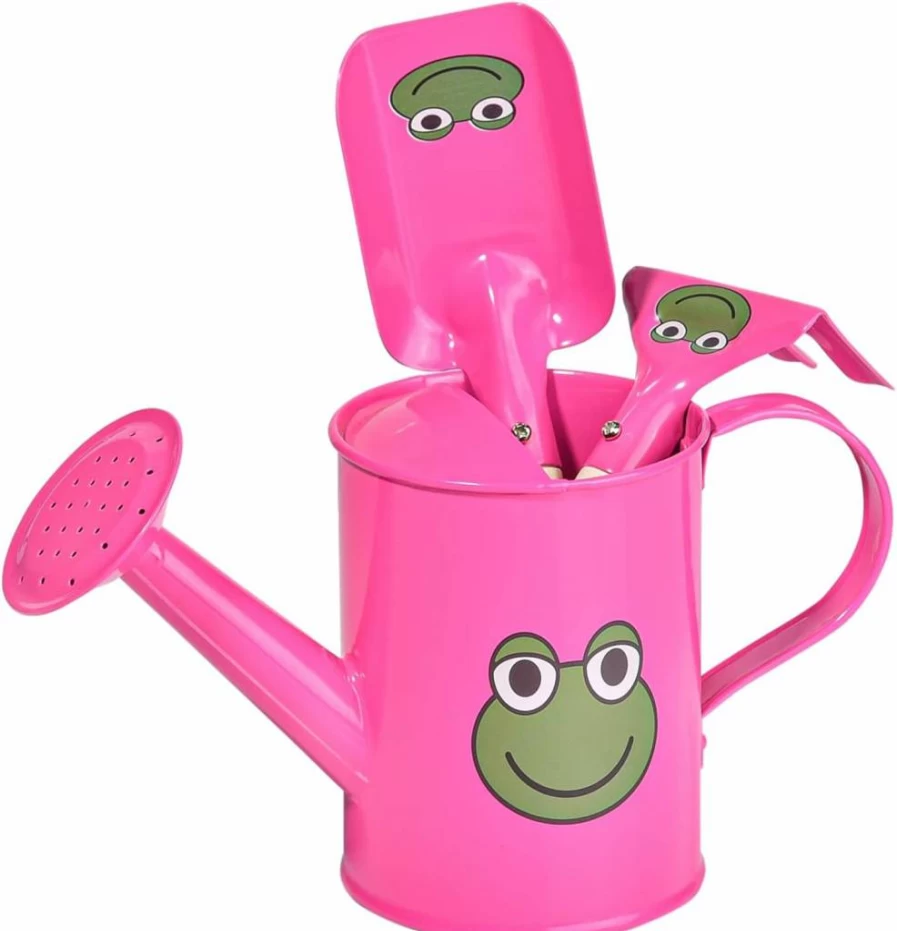 Sungmor 3Pc Rose Red Frog Gardening Tool Set - Small Watering Can, Trowel & Rake for Kids, Perfect for Garden, Yard or Beach