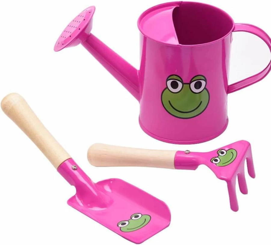Sungmor 3Pc Rose Red Frog Gardening Tool Set - Small Watering Can, Trowel & Rake for Kids, Perfect for Garden, Yard or Beach