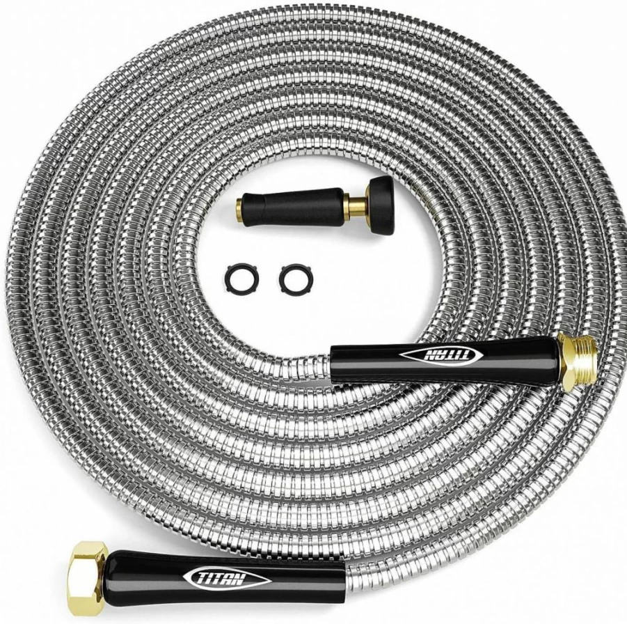 Titan 15Ft Stainless Steel Garden Hose - Flexible, Kink-Free, Lightweight Metal Water Hose with Crush Resistant Fittings, 500 PSI, Easy to Coil, Durable for Outdoor Use
