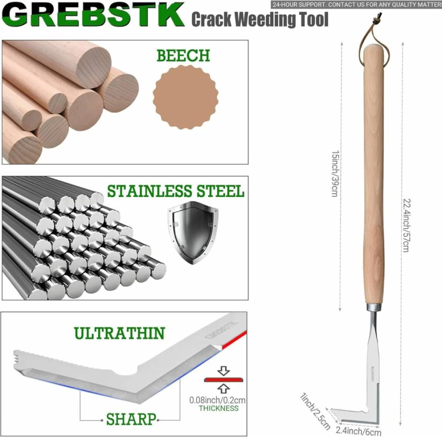 GREBSTK Stainless Steel Manual Weeder Tool with Beech Handle for Gardening - Crack & Crevice Weeding Tool