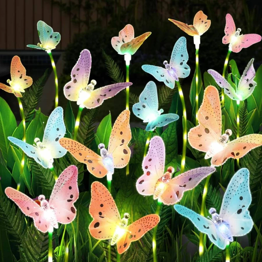 Weepong 4 Pack Solar Garden Lights Outdoor, Waterproof 7-Color Changing Fiber Optic Butterfly Decor with Glowing Stems for Yard Lawn, Ideal Gift for Women