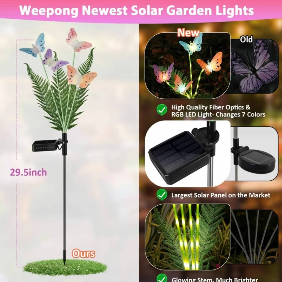 Weepong 4 Pack Solar Garden Lights Outdoor, Waterproof 7-Color Changing Fiber Optic Butterfly Decor with Glowing Stems for Yard Lawn, Ideal Gift for Women