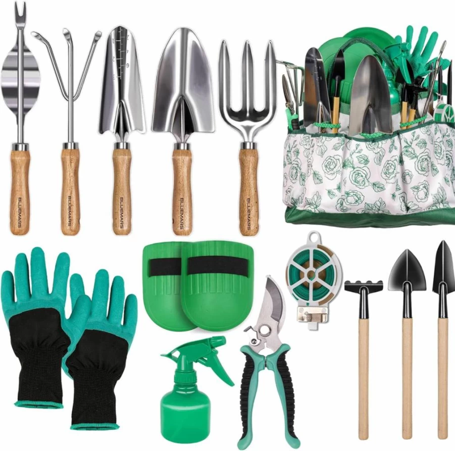 BLUEMARS 14Pcs Stainless Steel Gardening Tool Set with Floral Tote Bag - Heavy Duty Outdoor Garden Hand Tools for Planting, Transplanting - Ideal Gift for Women Gardeners