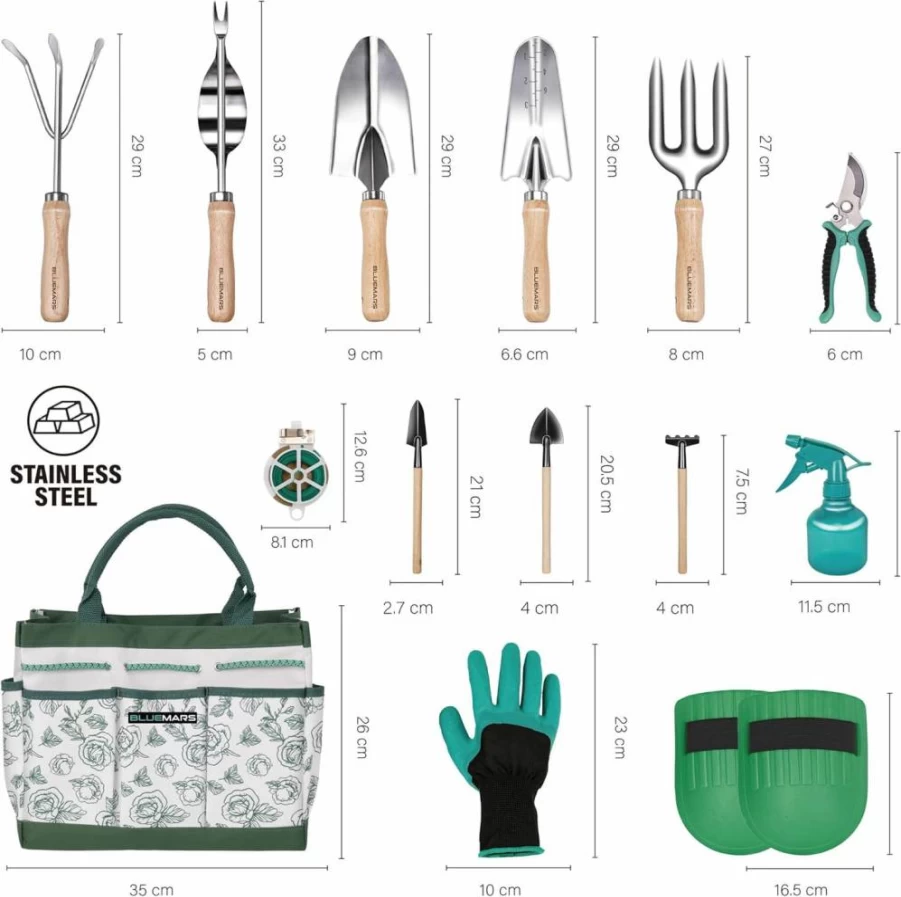 BLUEMARS 14Pcs Stainless Steel Gardening Tool Set with Floral Tote Bag - Heavy Duty Outdoor Garden Hand Tools for Planting, Transplanting - Ideal Gift for Women Gardeners
