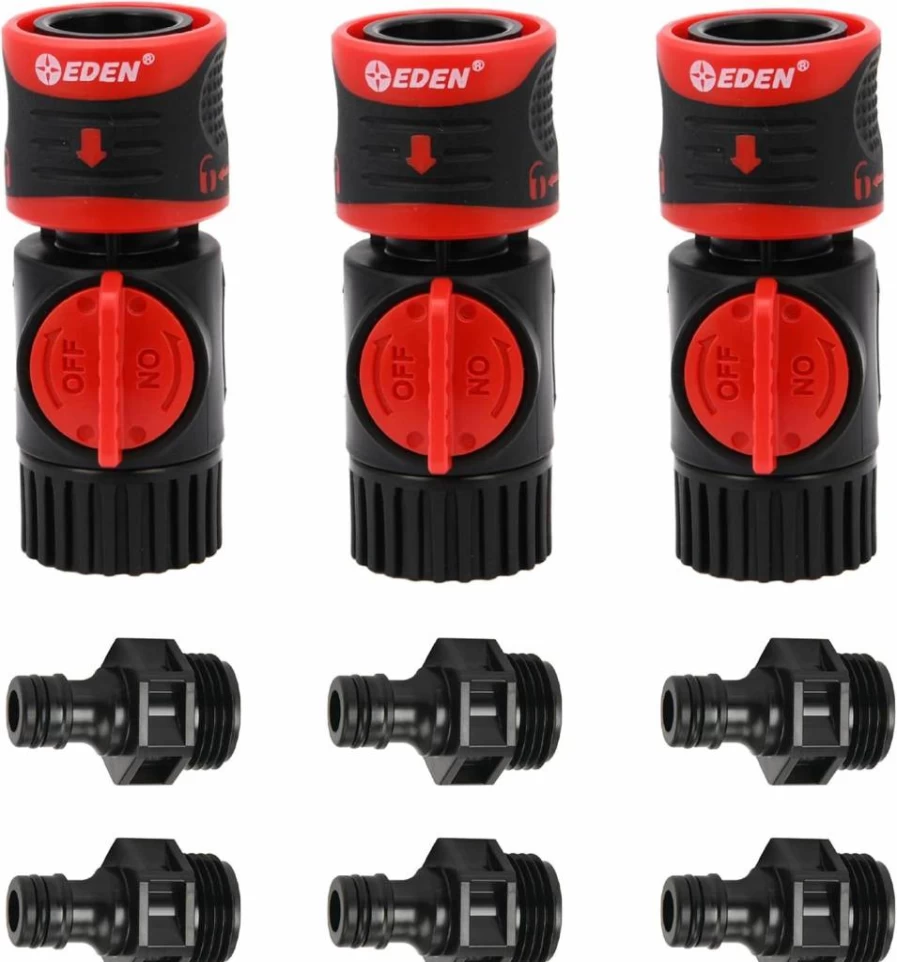 Eden 93218 Quick Release Hose Fittings Kit - 3 Sets (9 Pc) with Shutoff Valve, Water Stop & Lock for Garden