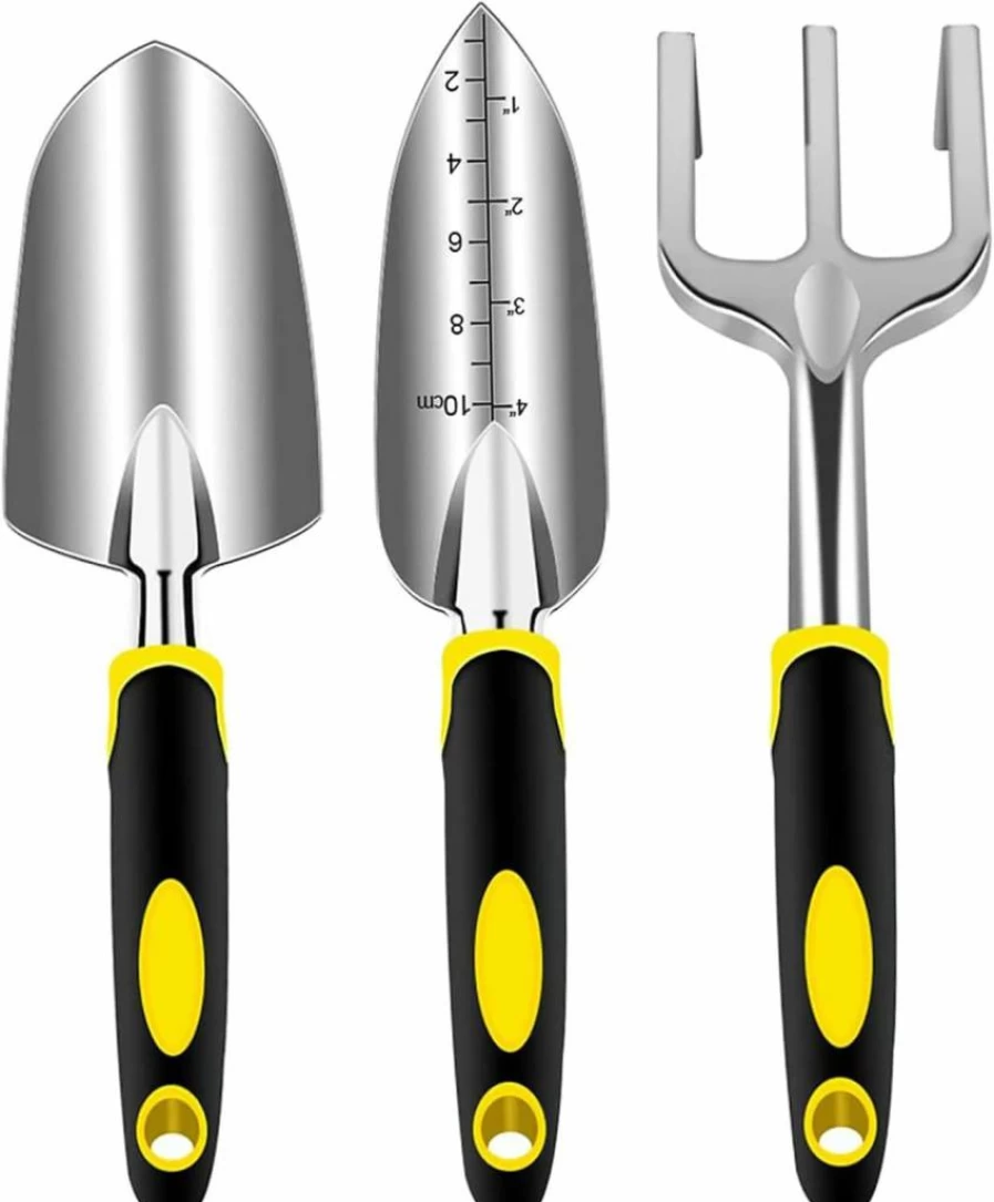 MeiMeSu 3-Piece Aluminum Garden Tools Set with Soft Rubberized Handle - Lightweight Heavy Duty Shovel, Trowel & Rake Kit for Gardening, Ideal Gift