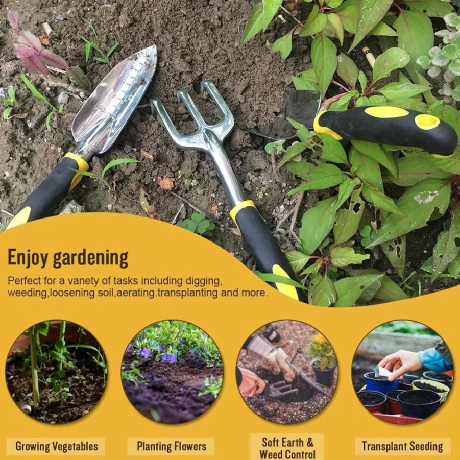 MeiMeSu 3-Piece Aluminum Garden Tools Set with Soft Rubberized Handle - Lightweight Heavy Duty Shovel, Trowel & Rake Kit for Gardening, Ideal Gift