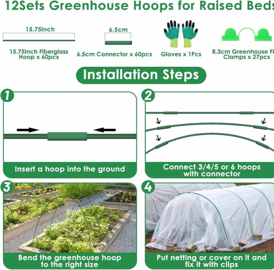 LifeisLuck 60-Pack Greenhouse Garden Hoops Kit - 12 Sets Rust-Proof Fiberglass Plant Support Tunnels for Raised Beds, Row Covers & Shade Cloth Accessories