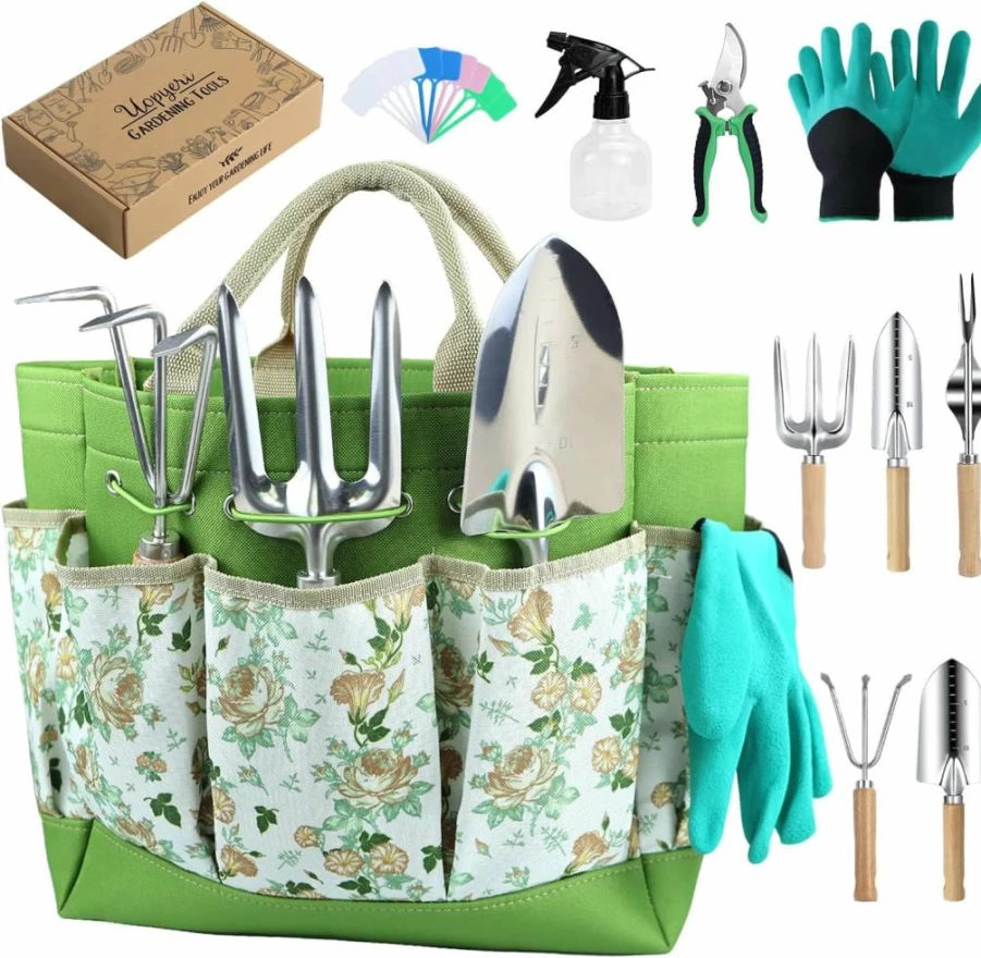 Uopyeri 10-Piece Heavy Duty Gardening Tool Set with Rust-Proof Tools, Durable Tote Bag & Gloves – Ideal Gift for Women & Beginners