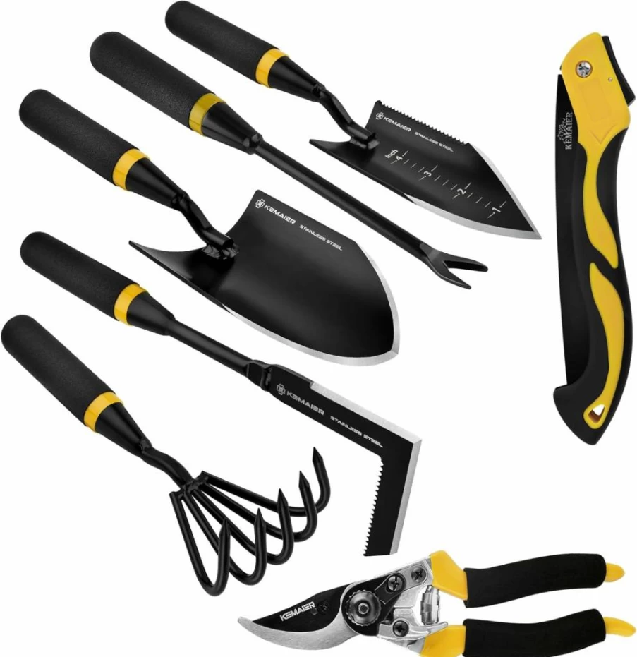 Kemaier 7-Piece Stainless Steel Heavy Duty Gardening Tools Set with Toolbox - Ideal for Planting, Weeding, and Outdoor Gifts for Men & Women