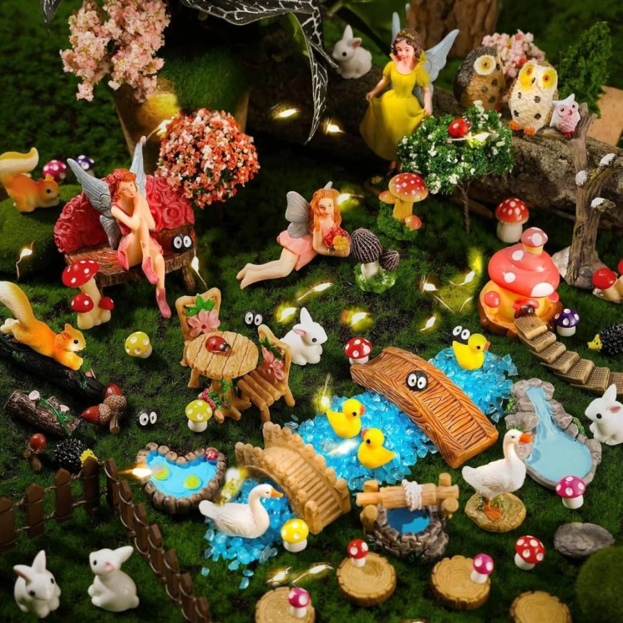 HIYZI 109 Pcs Miniature Fairy Garden Kit with Figurines & Animals - DIY Dollhouse Decor for Outdoor Gardens