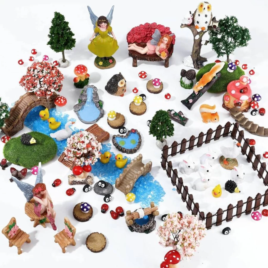 HIYZI 109 Pcs Miniature Fairy Garden Kit with Figurines & Animals - DIY Dollhouse Decor for Outdoor Gardens
