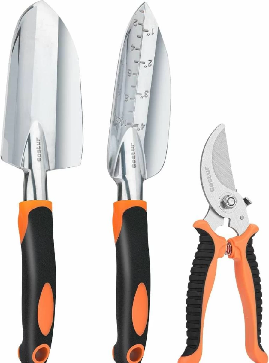 3Pcs Gostur Garden Tool Set with Trowel, Transplanter & Pruning Shears - Heavy Duty Stainless Steel Gardening Tools for Men & Women - Ergonomic Handle, Ideal Outdoor Gift for Gardeners