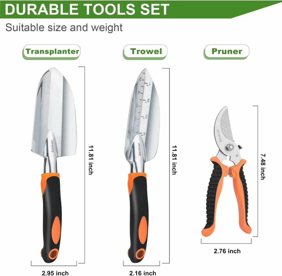 3Pcs Gostur Garden Tool Set with Trowel, Transplanter & Pruning Shears - Heavy Duty Stainless Steel Gardening Tools for Men & Women - Ergonomic Handle, Ideal Outdoor Gift for Gardeners
