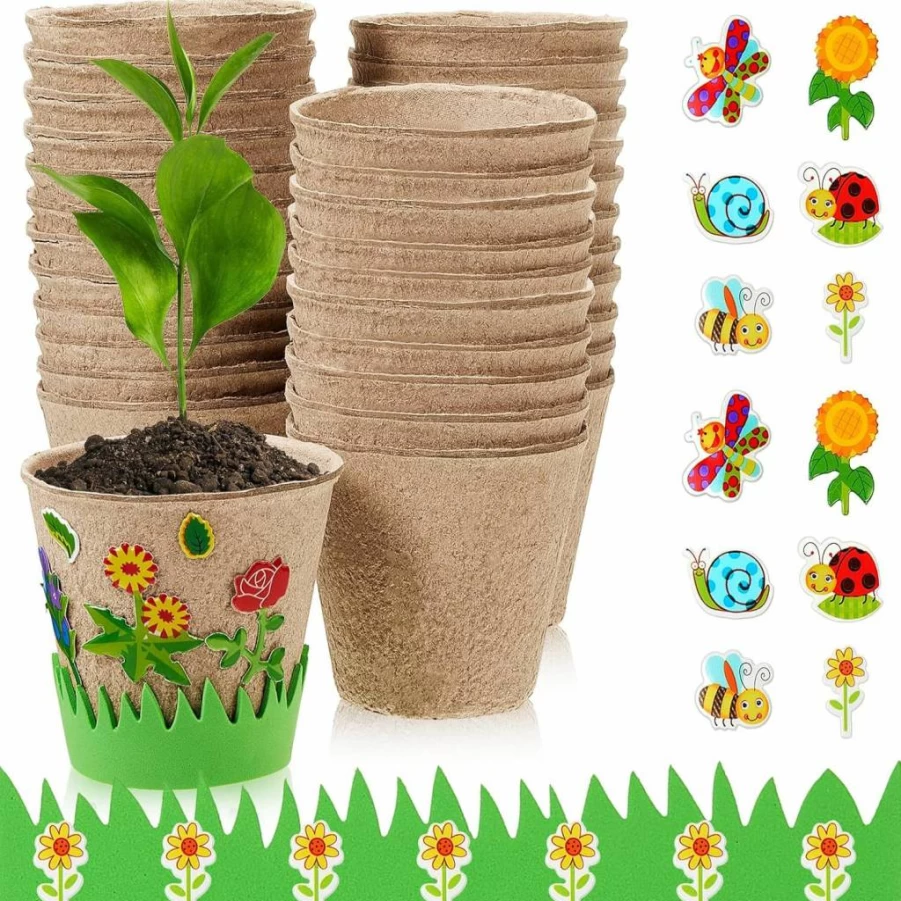 Gueevin 100-Pack DIY Garden Paper Pot Craft Kit for Kids – Includes Peat Plant Pots, Adhesive Foam Stickers, Eva Grass for Flower Planting & Spring Crafts