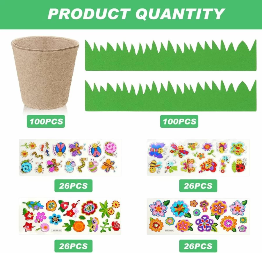 Gueevin 100-Pack DIY Garden Paper Pot Craft Kit for Kids – Includes Peat Plant Pots, Adhesive Foam Stickers, Eva Grass for Flower Planting & Spring Crafts
