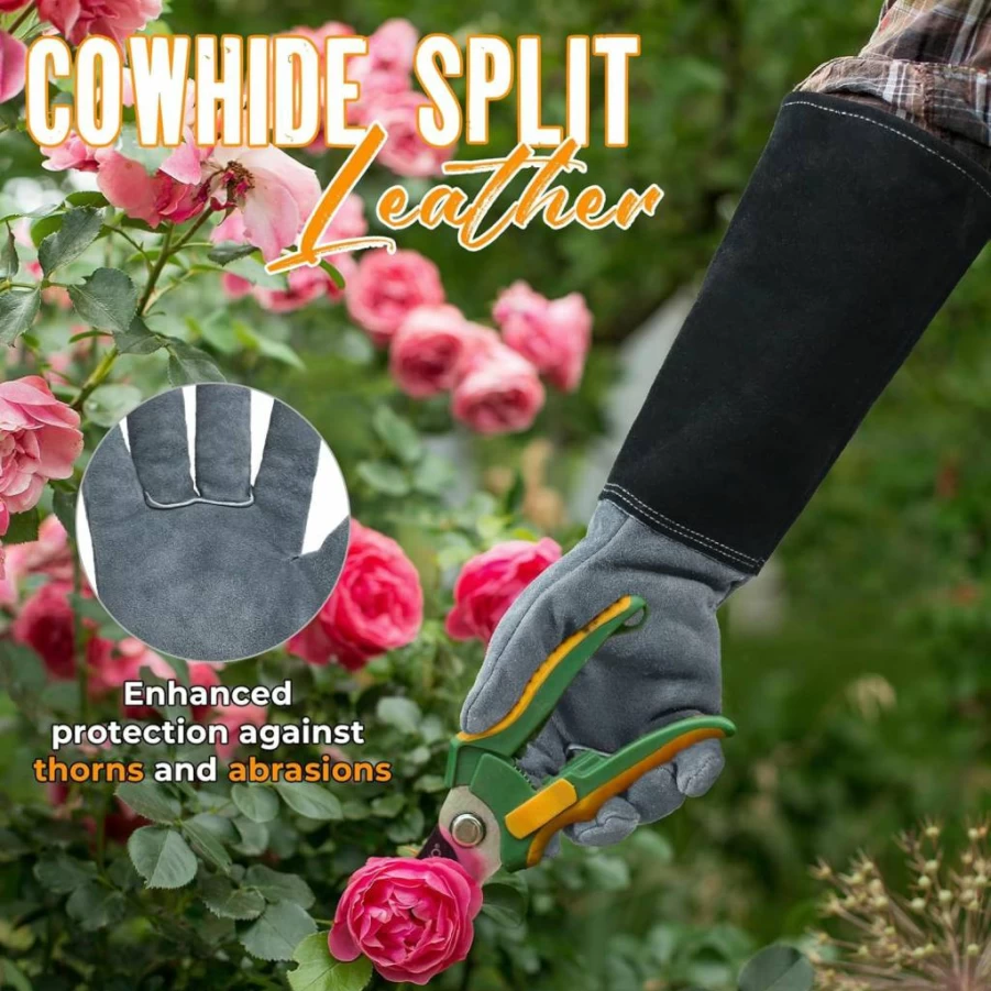 HANDLANDY Thorn Proof Gardening Gloves for Men & Women – Durable Pigskin Leather Rose Pruning Gloves, Breathable Gauntlet Design, Ideal Garden Gift for Gardeners