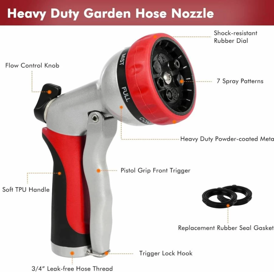 Restmo Heavy Duty Metal Garden Hose Nozzle - 7 Adjustable Spray Patterns, High Pressure Flow Control for Plants, Lawns, Cars & Pets