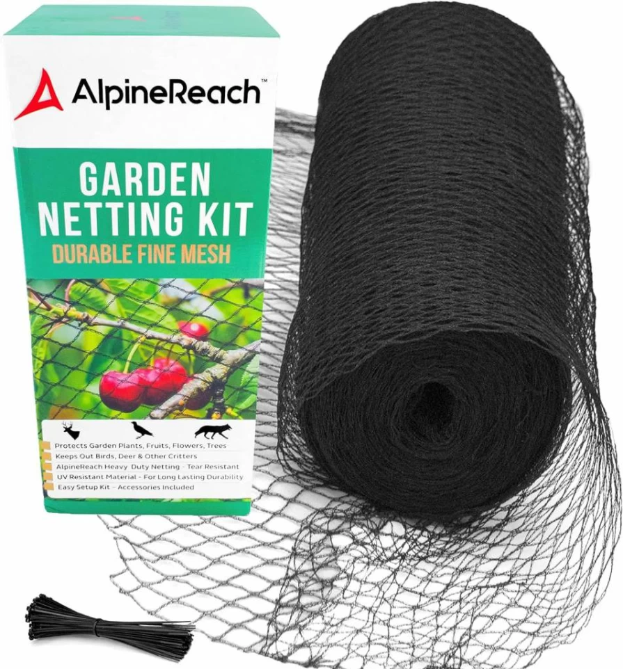 AlpineReach Heavy Duty 7.5x100ft Garden Netting - Reusable Black Woven Mesh Bird & Deer Barrier for Fruit Trees with Zip Ties