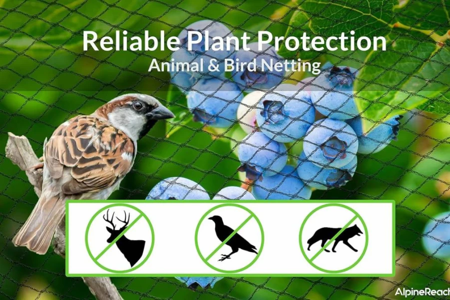 AlpineReach Heavy Duty 7.5x100ft Garden Netting - Reusable Black Woven Mesh Bird & Deer Barrier for Fruit Trees with Zip Ties