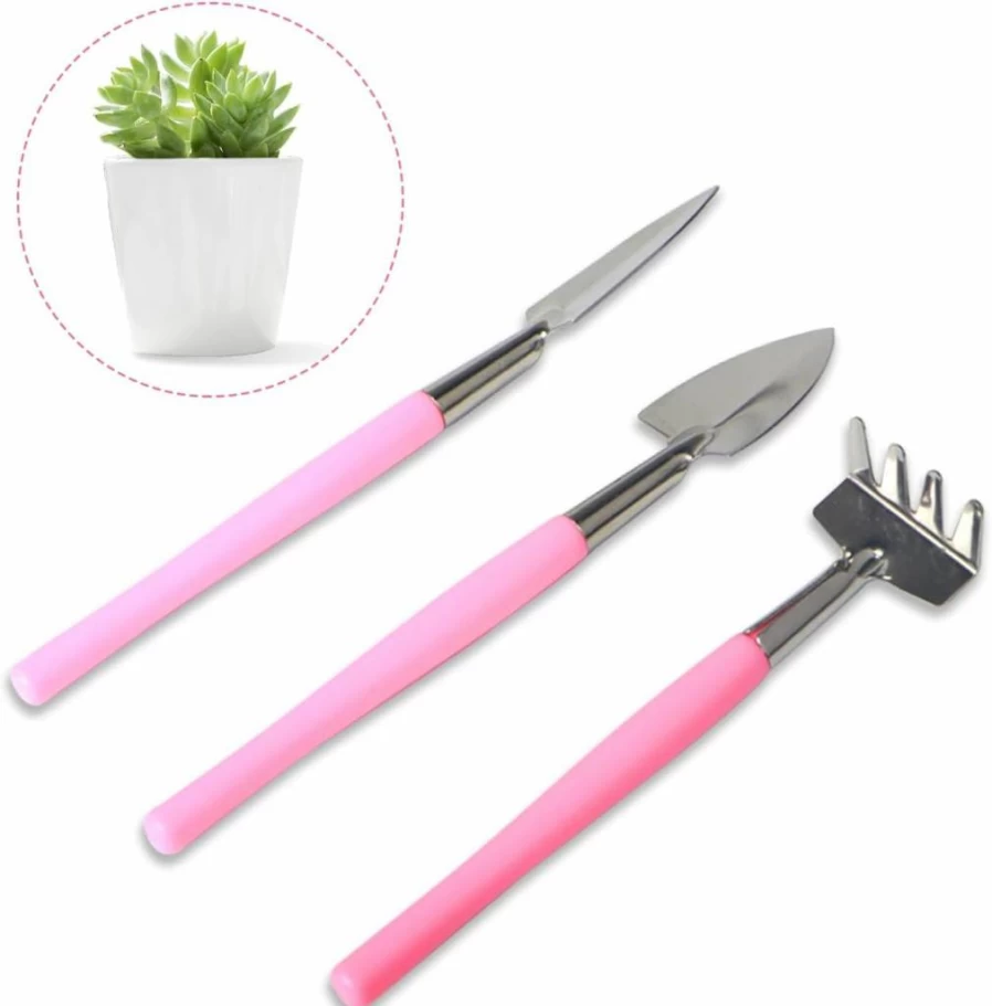 LuckyOpt 3Pcs Mini Gardening Tool Kit - Stainless Steel Shovel, Rake, Trowel for Succulents, Potted Plants, Bonsai (Purple)
