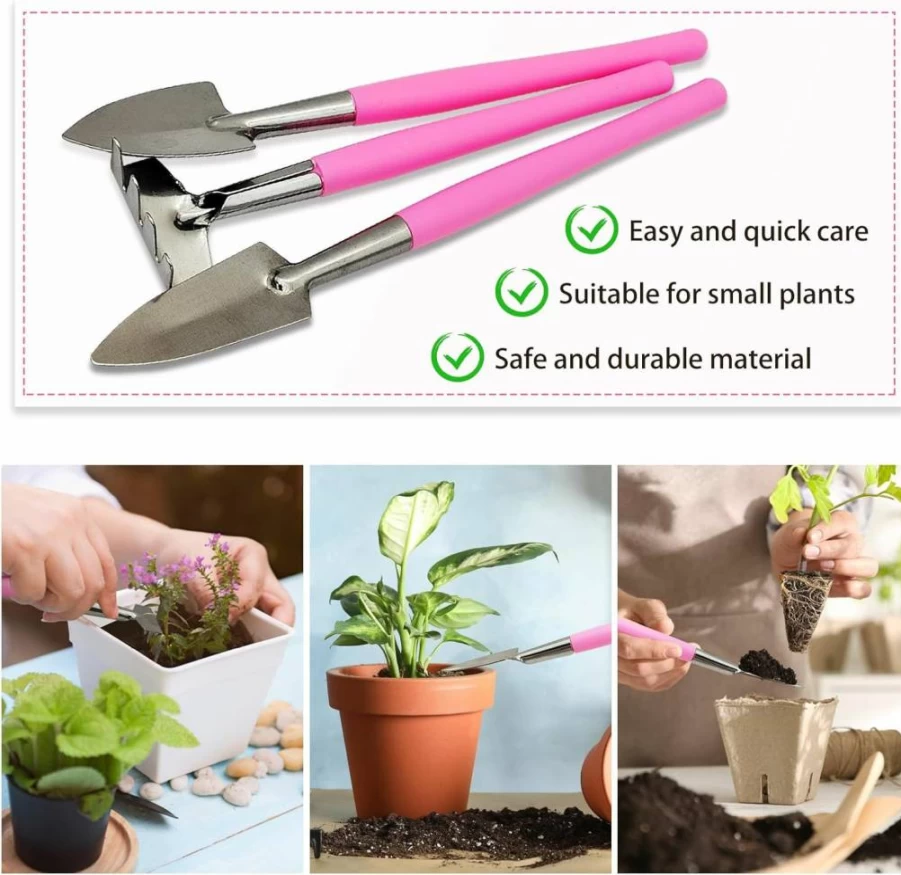 LuckyOpt 3Pcs Mini Gardening Tool Kit - Stainless Steel Shovel, Rake, Trowel for Succulents, Potted Plants, Bonsai (Purple)
