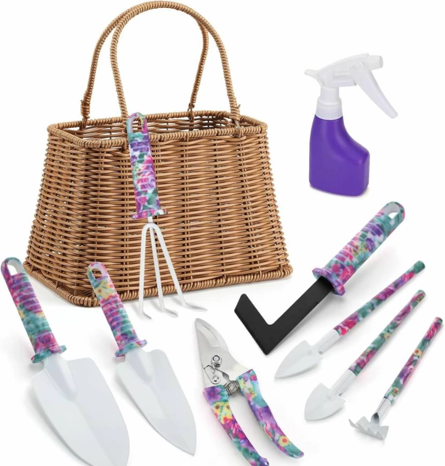 Biubee Gardening Tools Gift Set for Women - 5-Piece Garden Kit with Trowel, Pruning Shears, Weeding Knife, Hand Rake & Woven Basket - Ideal Birthday Gift for Mom, Grandma, Gardeners (Brown)