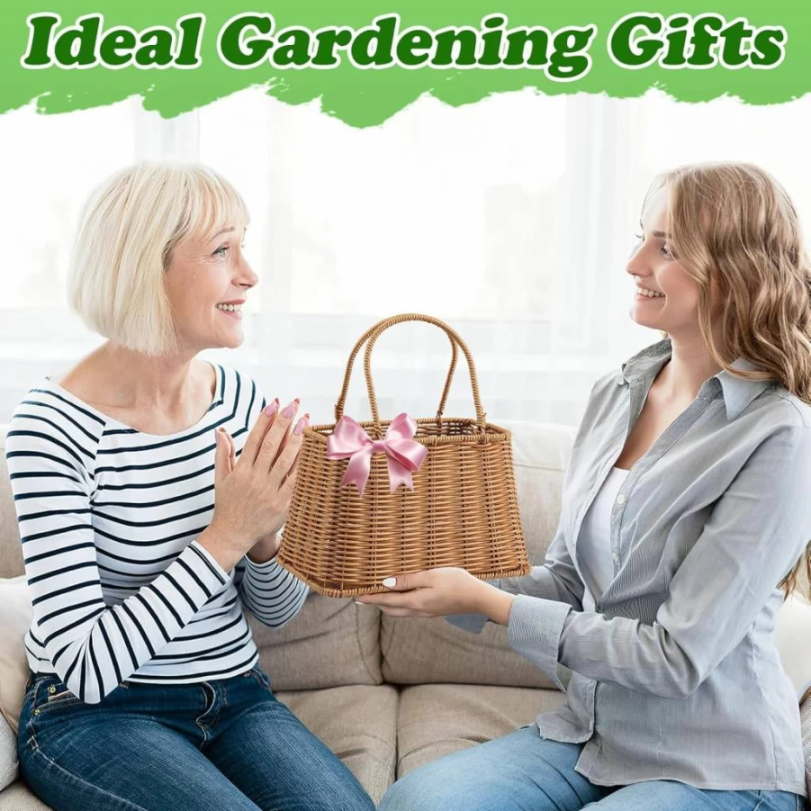 Biubee Gardening Tools Gift Set for Women - 5-Piece Garden Kit with Trowel, Pruning Shears, Weeding Knife, Hand Rake & Woven Basket - Ideal Birthday Gift for Mom, Grandma, Gardeners (Brown)