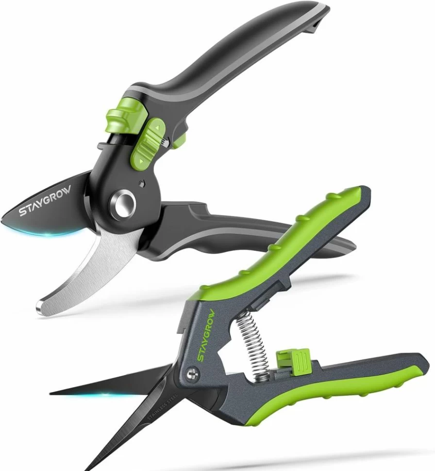 STAYGROW 2-Pack Professional Pruning Shears Set - 6.5 Inch Ultra Sharp Stainless Steel Garden Scissors with Spring Loaded Design (1 Straight & 1 Curved Blade) for Precise Trimming, Bonsai & Plant Care