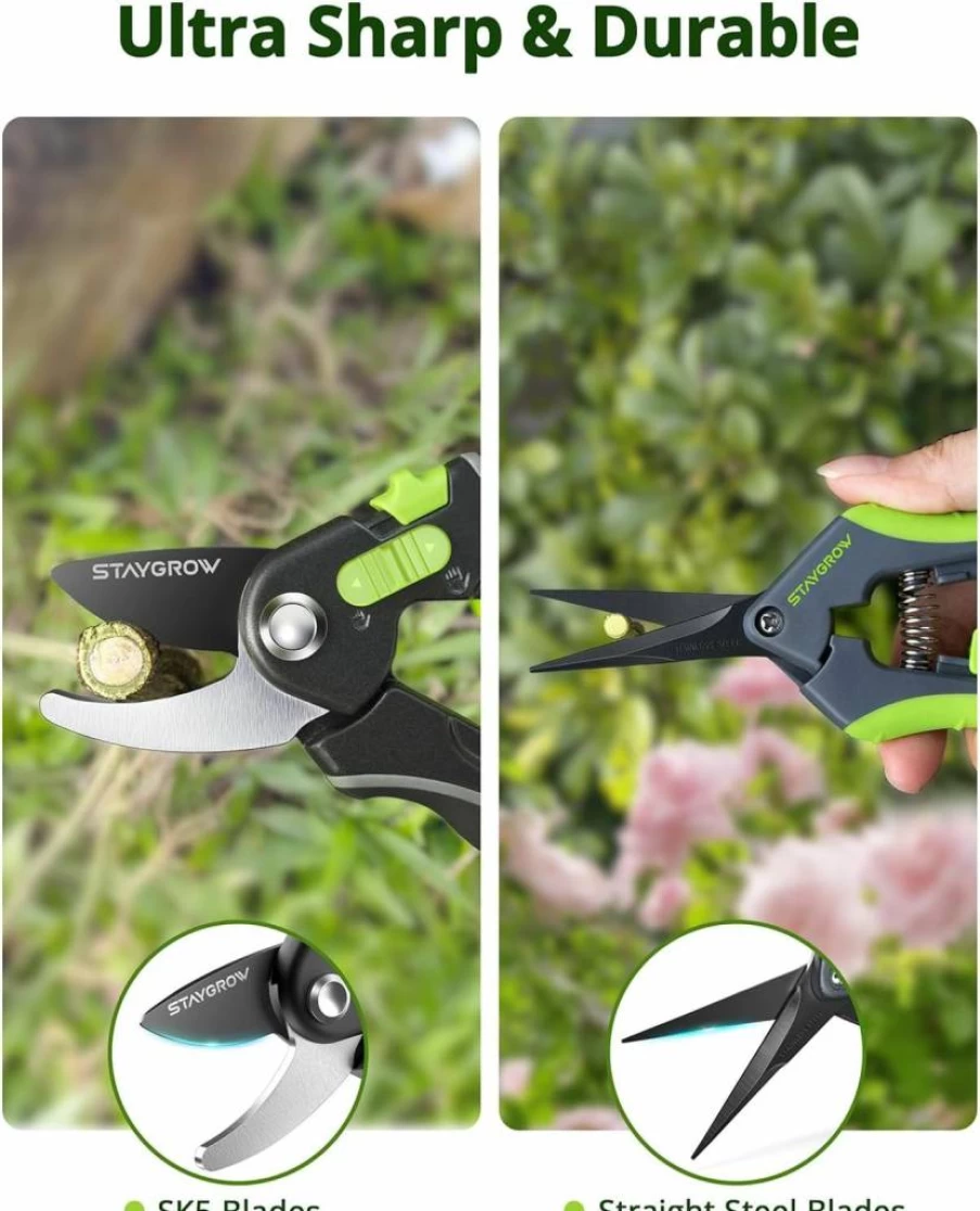 STAYGROW 2-Pack Professional Pruning Shears Set - 6.5 Inch Ultra Sharp Stainless Steel Garden Scissors with Spring Loaded Design (1 Straight & 1 Curved Blade) for Precise Trimming, Bonsai & Plant Care