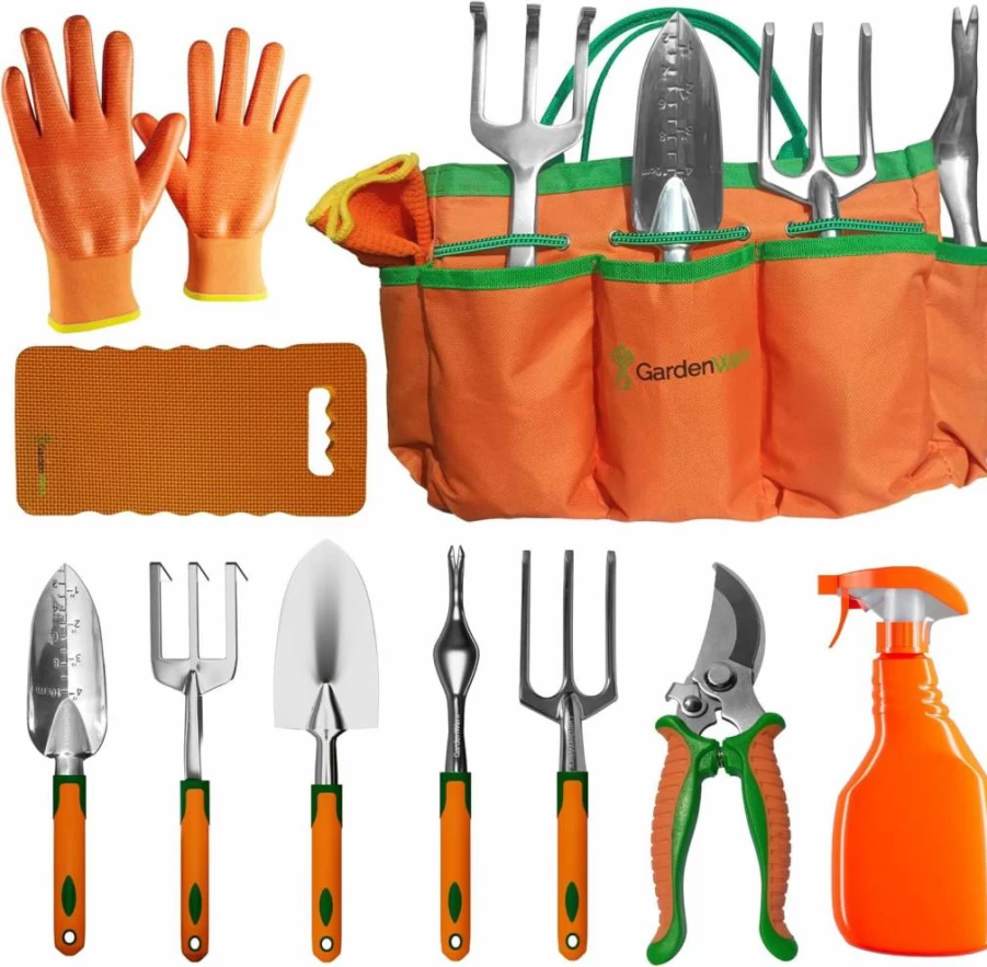 GARDENWERX 10-Piece Stainless Steel Gardening Tool Set with Tote Bag - Durable Lawn & Planting Tools for Men & Women - Outdoor Garden & Yard Work Essentials