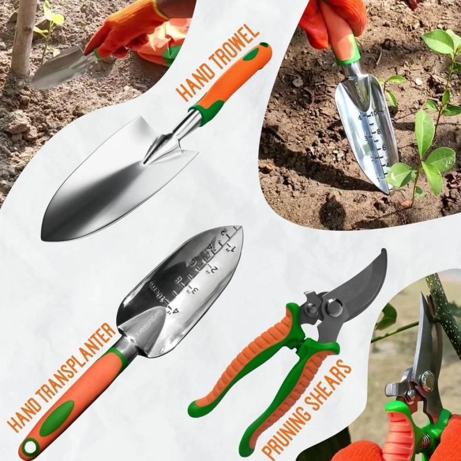 GARDENWERX 10-Piece Stainless Steel Gardening Tool Set with Tote Bag - Durable Lawn & Planting Tools for Men & Women - Outdoor Garden & Yard Work Essentials