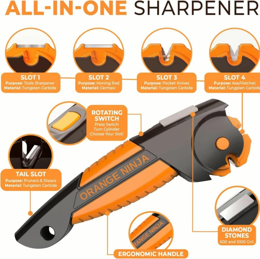 Sharp Pebble Orange Ninja Multi-Tool: Lawn Mower Blade, Axe, Hatchet & Garden Tool Sharpener for Machete, Pruner, Hedge Shears