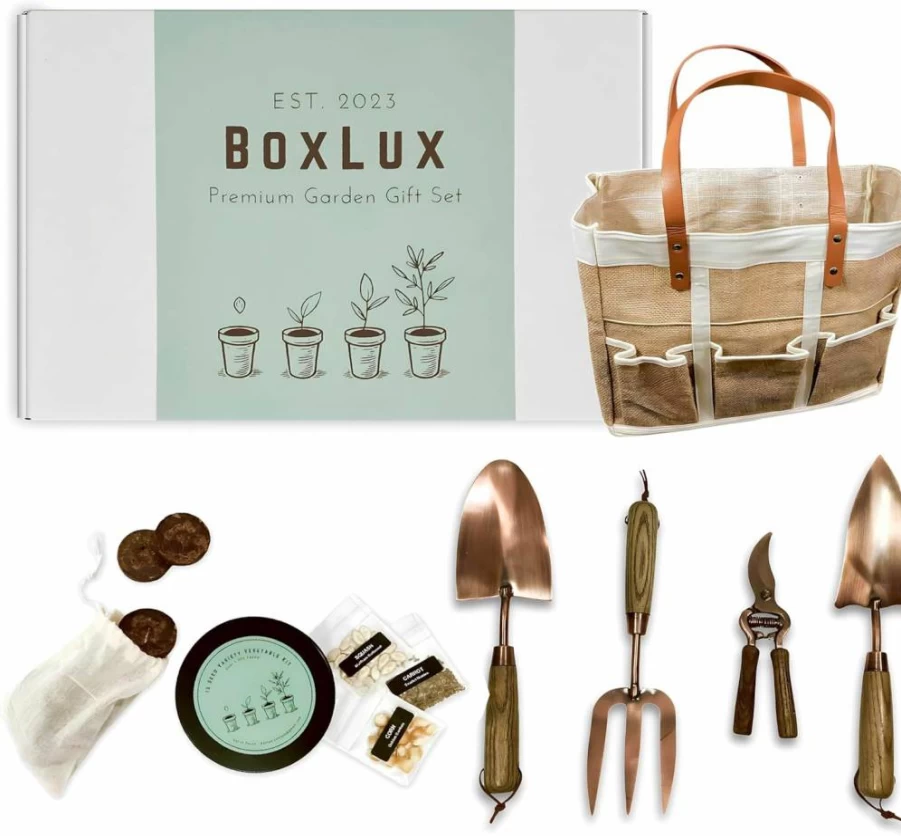 BoxLux Premium Gardening Gift Set - 1,700+ Organic Seeds, Stainless Steel Tools, Cocoa Coir Pellets & Handbag - Complete Garden Kit for Women, Ideal Birthday Gift for Plant Lovers
