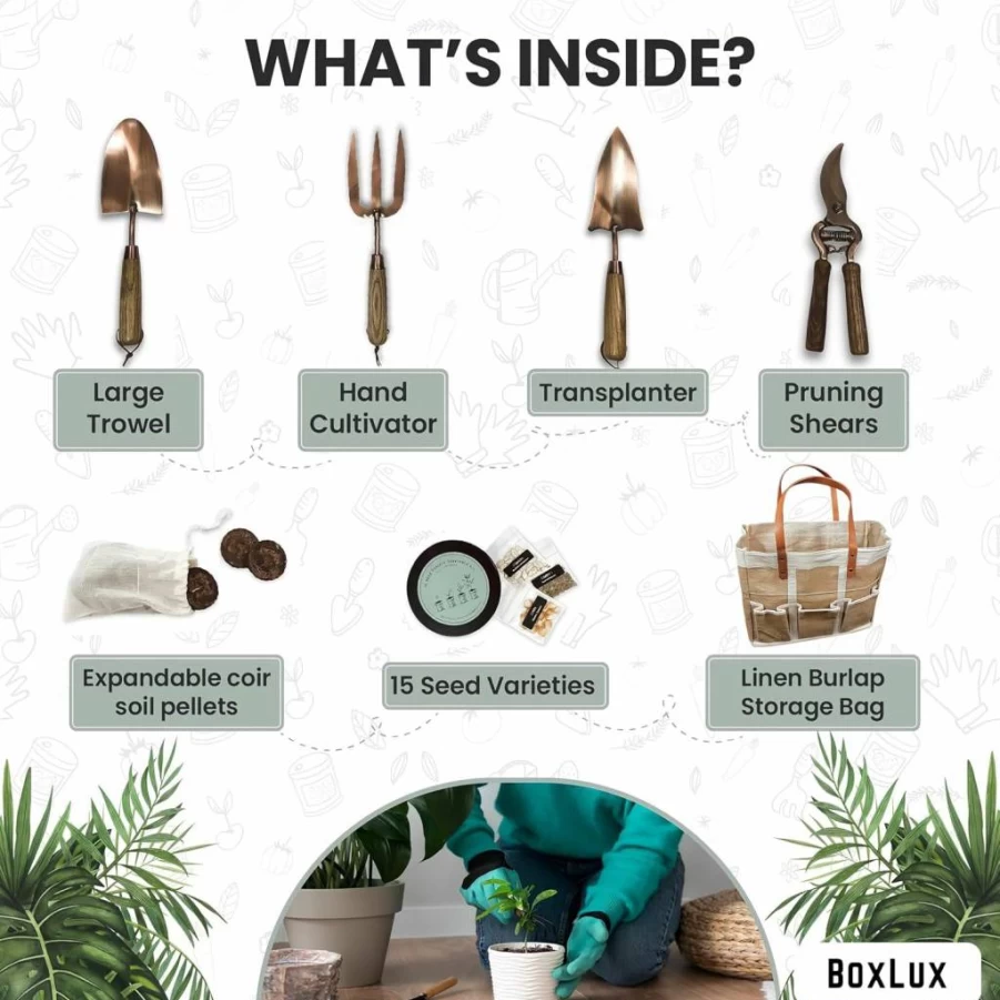BoxLux Premium Gardening Gift Set - 1,700+ Organic Seeds, Stainless Steel Tools, Cocoa Coir Pellets & Handbag - Complete Garden Kit for Women, Ideal Birthday Gift for Plant Lovers