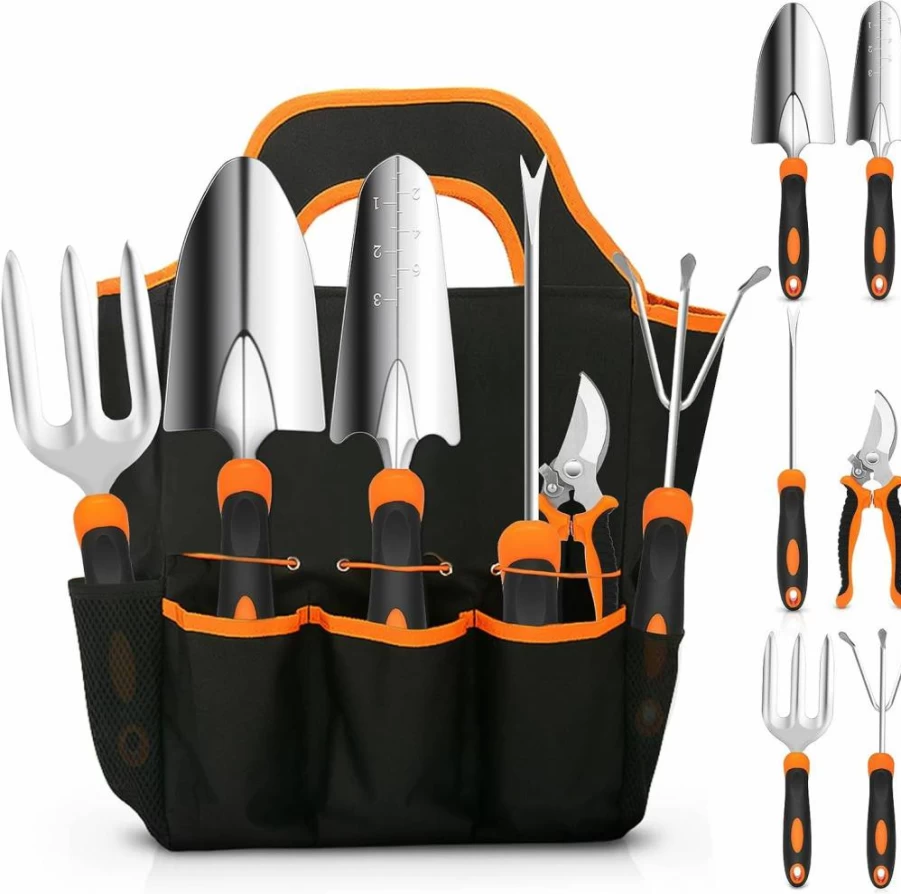 CHRYZTAL Stainless Steel Gardening Tool Set with Non-Slip Rubber Grip, Heavy Duty Outdoor Hand Tools & Storage Tote Bag, Ideal Gift for Gardeners