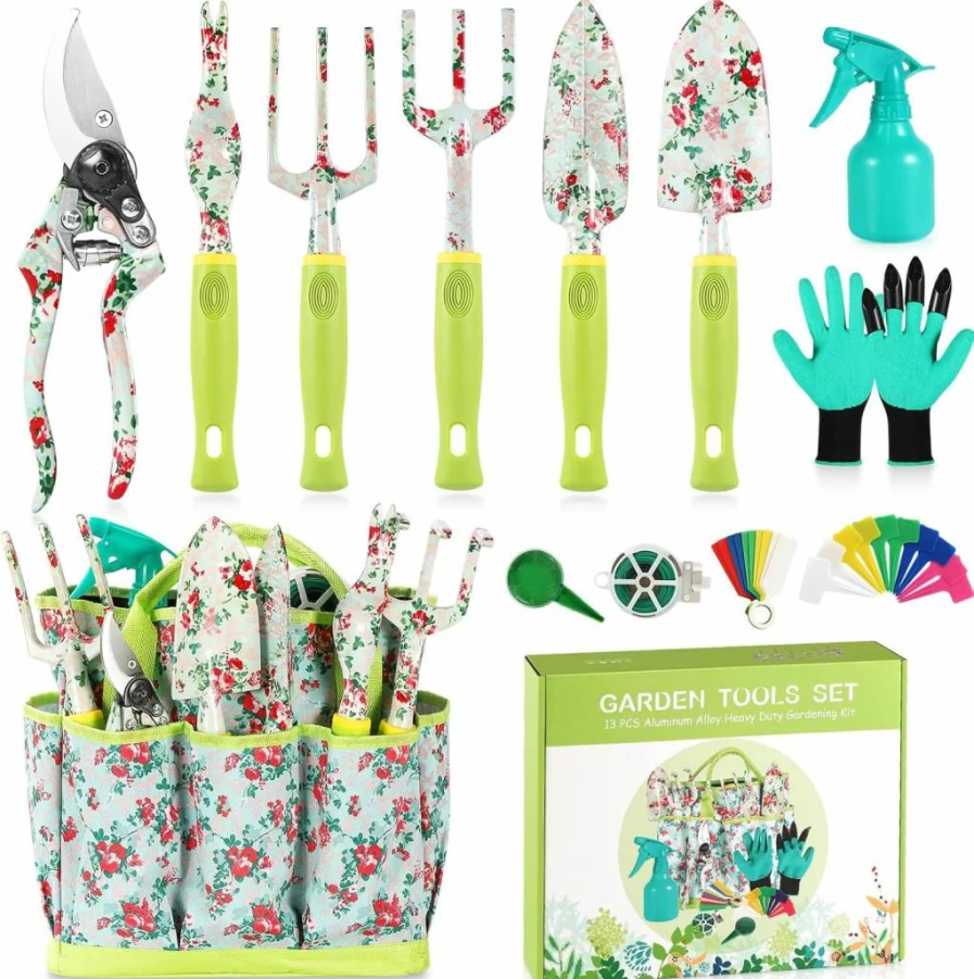 SUKKI 13-Piece Heavy Duty Aluminum Gardening Tool Set with Non-Slip Rubber Handle, Floral Print, and Storage Tote Bag - Ideal Garden Supplies Gift for Women & Men