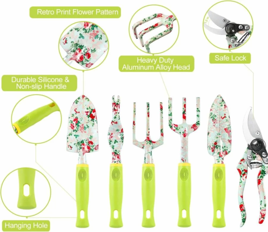 SUKKI 13-Piece Heavy Duty Aluminum Gardening Tool Set with Non-Slip Rubber Handle, Floral Print, and Storage Tote Bag - Ideal Garden Supplies Gift for Women & Men