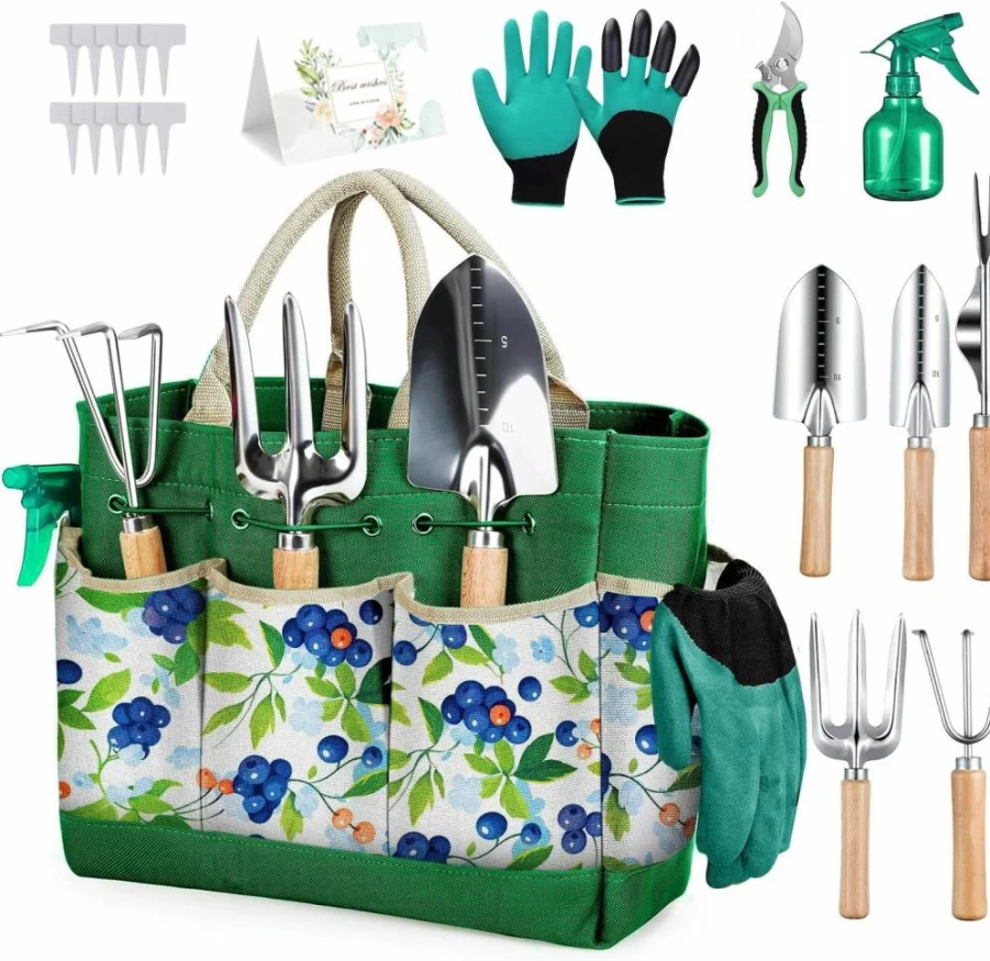 BritTote 11-Piece Heavy Duty Gardening Tools Set with Rust-Proof Ergonomic Handles & Storage Tote - Perfect Gift for Women and Beginners