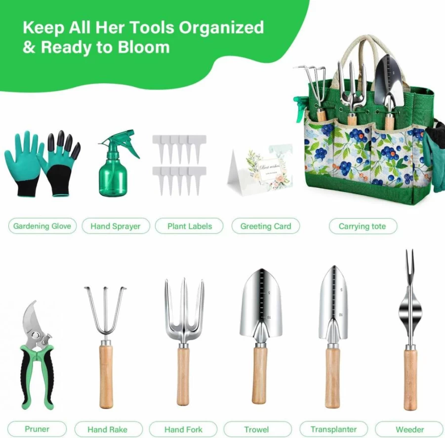 BritTote 11-Piece Heavy Duty Gardening Tools Set with Rust-Proof Ergonomic Handles & Storage Tote - Perfect Gift for Women and Beginners