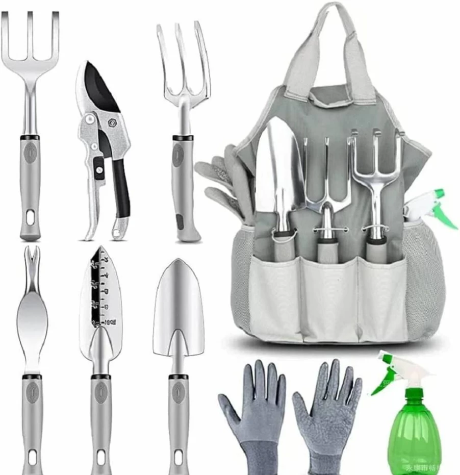 Yosogo 9-Piece Heavy Duty Stainless Steel Garden Tool Set with Ergonomic Handles, Gardening Gloves, and Storage Tote Bag for Outdoor Planting
