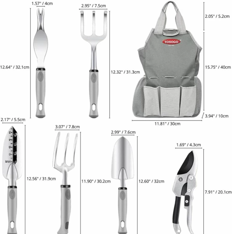 Yosogo 9-Piece Heavy Duty Stainless Steel Garden Tool Set with Ergonomic Handles, Gardening Gloves, and Storage Tote Bag for Outdoor Planting